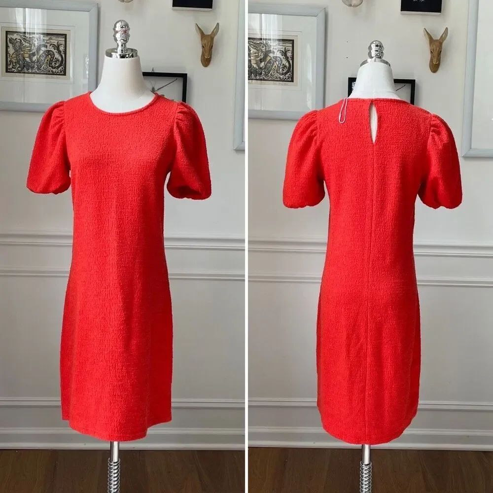 Zara Orange Nubby Texture Shift Dress Pouf Short Sleeve M